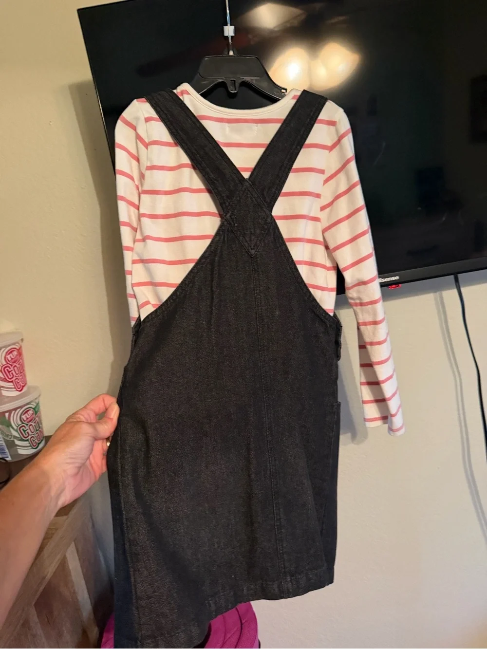 Flapdoodles Black Denim Overall Dress with Pink Star Accents